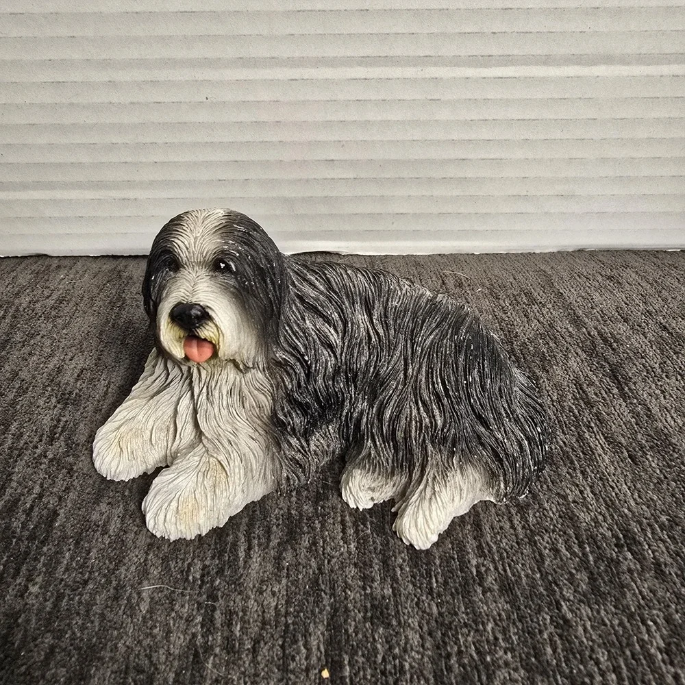 Vintage Old English Sheepdog Figurine Grey White Shaggy Dog Statue Decor
